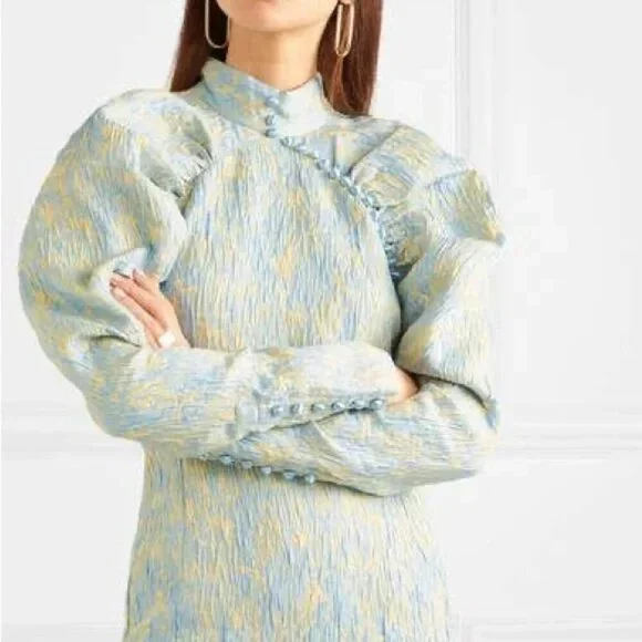 💕ROTATE💕 Button-Detailed Ruched Crinkled-Jacquard Mini Dress Angel Fall 8 NWOT - Picture 7 of 16